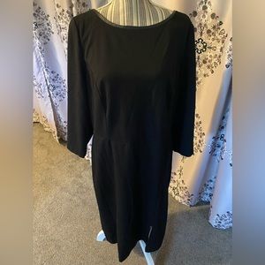 Talbots black sheath dress, 3/4 sleeve, faux leather trim.